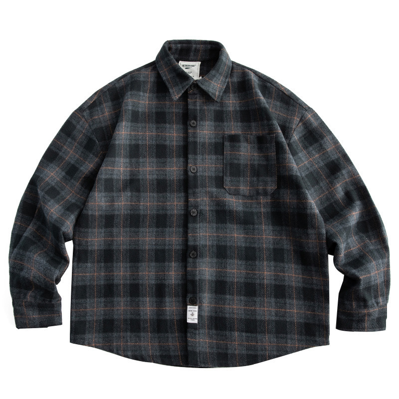 Cămașă în carouri, poliester 96%+, mâneci lungi, guler Turn-down, stil japonez, inspirat cardigan, croială lejeră