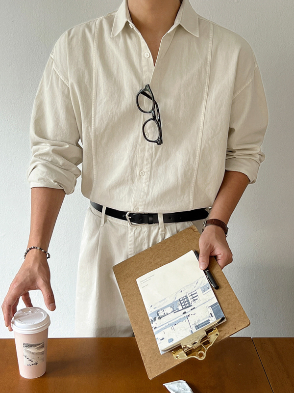 Cămașă în stil coreean, croială lejeră, mâneci lungi, guler pătrat, bumbac cu căptușeală de fleece