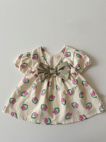 Kūdikio vasaros suknelė, korėjietiško stiliaus, Combed cotton, 95% medvilnė, gėlių raštas, raukšėti sijonai