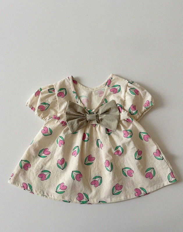 Kūdikio vasaros suknelė, korėjietiško stiliaus, Combed cotton, 95% medvilnė, gėlių raštas, raukšėti sijonai