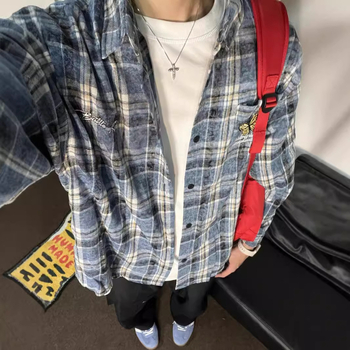 Cămașă cu mâneci lungi pentru bărbați și femei, croială lejeră, model carouri, poliester 96%+, guler rever, cusături brodate