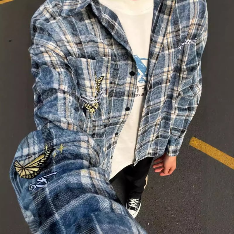 Cămașă cu mâneci lungi pentru bărbați și femei, croială lejeră, model carouri, poliester 96%+, guler rever, cusături brodate