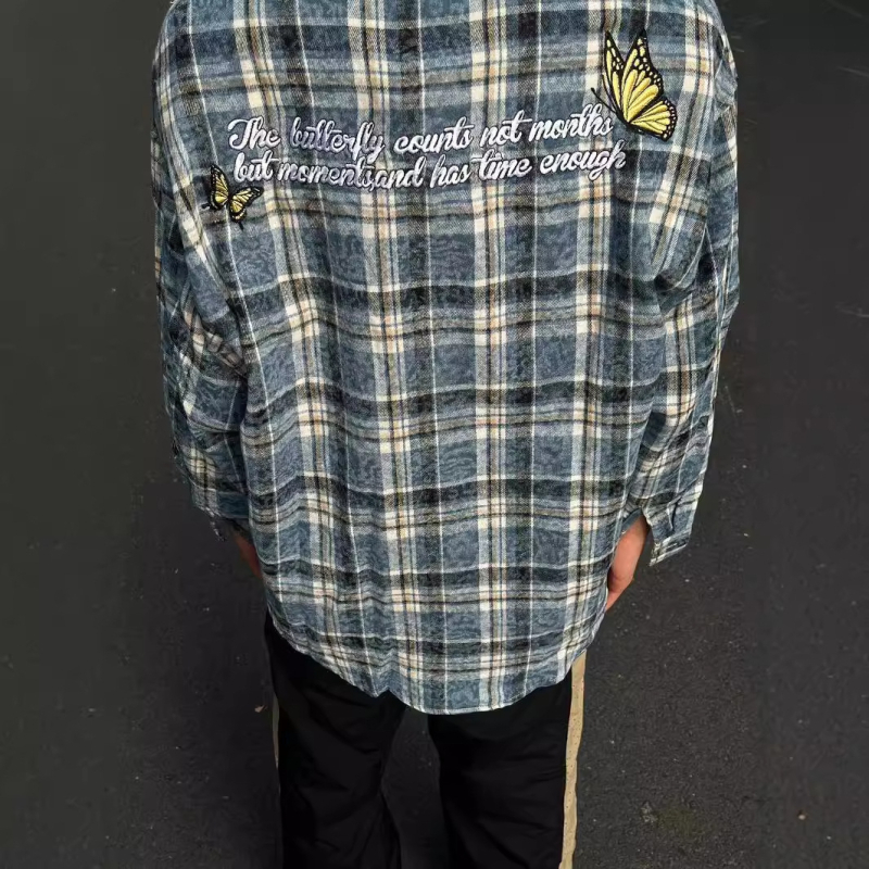 Cămașă cu mâneci lungi pentru bărbați și femei, croială lejeră, model carouri, poliester 96%+, guler rever, cusături brodate