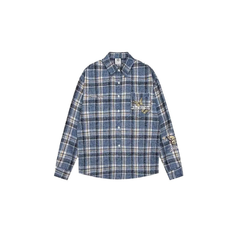 Cămașă cu mâneci lungi pentru bărbați și femei, croială lejeră, model carouri, poliester 96%+, guler rever, cusături brodate