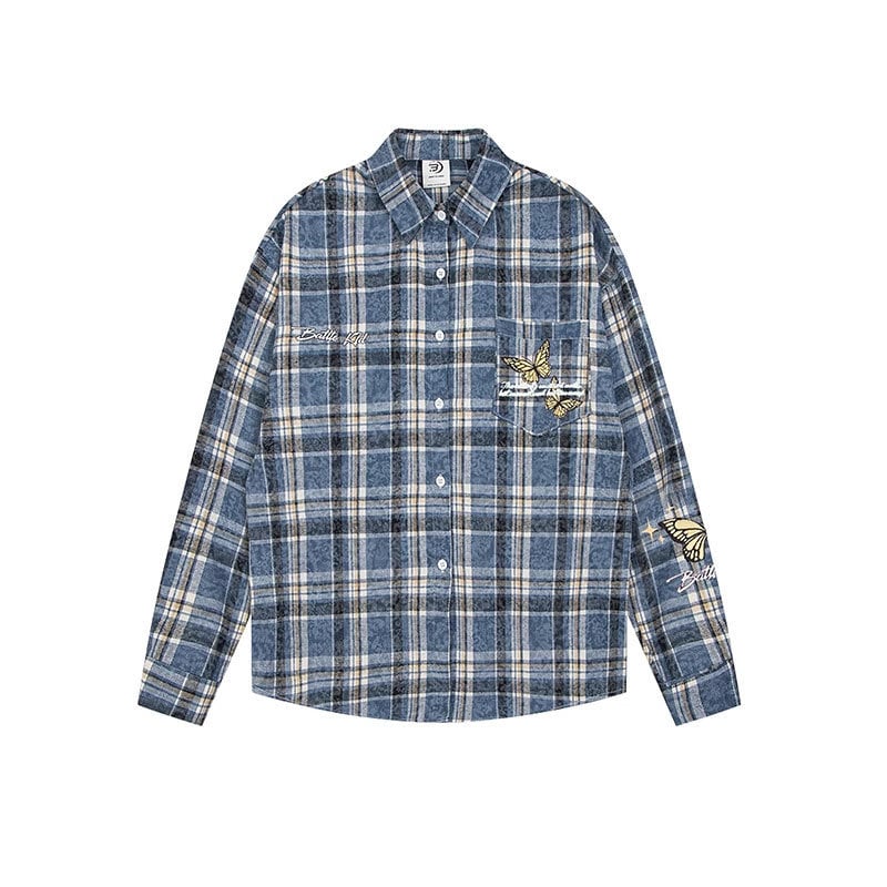 Cămașă cu mâneci lungi pentru bărbați și femei, croială lejeră, model carouri, poliester 96%+, guler rever, cusături brodate