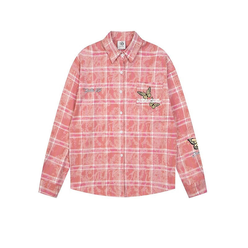 Cămașă cu mâneci lungi pentru bărbați și femei, croială lejeră, model carouri, poliester 96%+, guler rever, cusături brodate