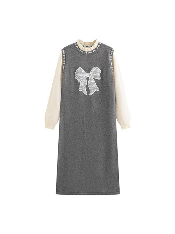 Hosszú ujjú pulóverruha kerek nyakkal, masnis jacquard mintával, Andy velvet anyag