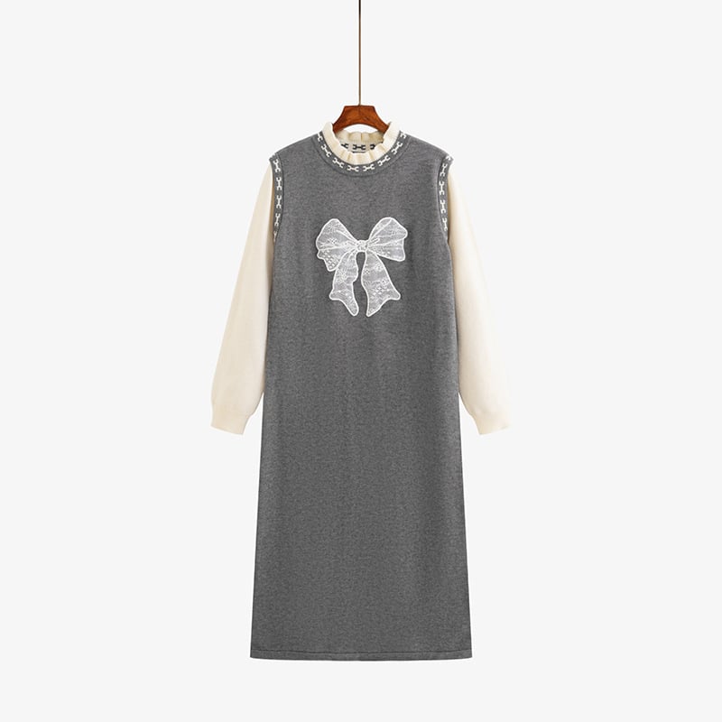 Hosszú ujjú pulóverruha kerek nyakkal, masnis jacquard mintával, Andy velvet anyag