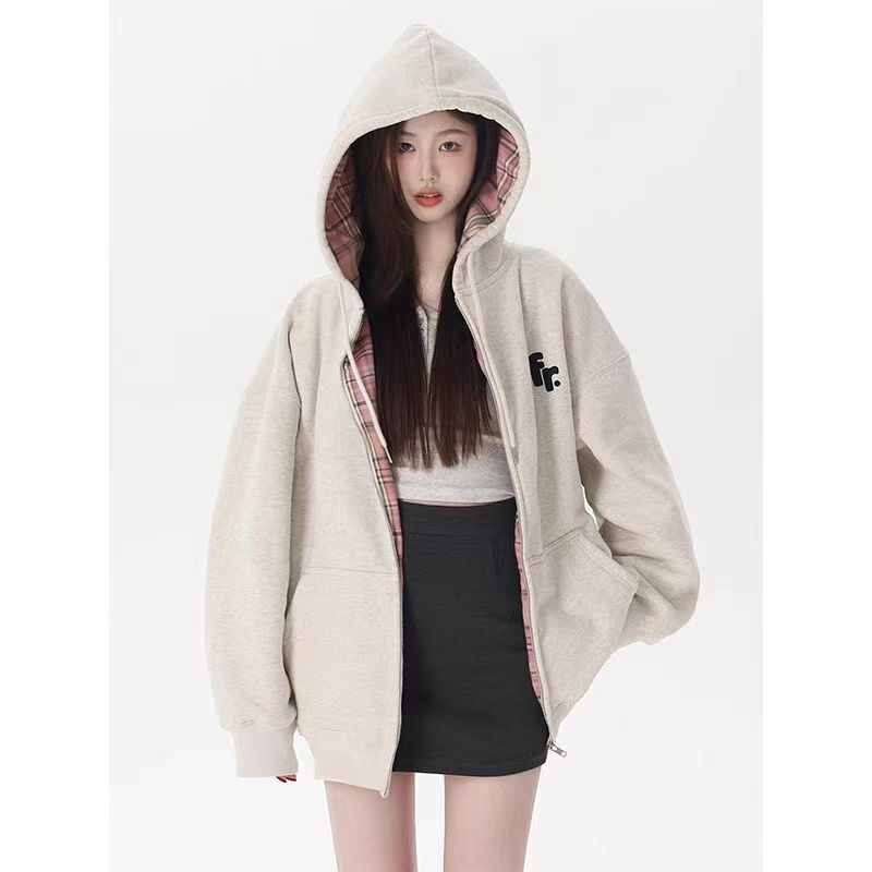 Patchwork hoodie s kariranim podstavom, mješavina pamuka i poliestera, debeli materijal, zatvarač, dugi rukavi