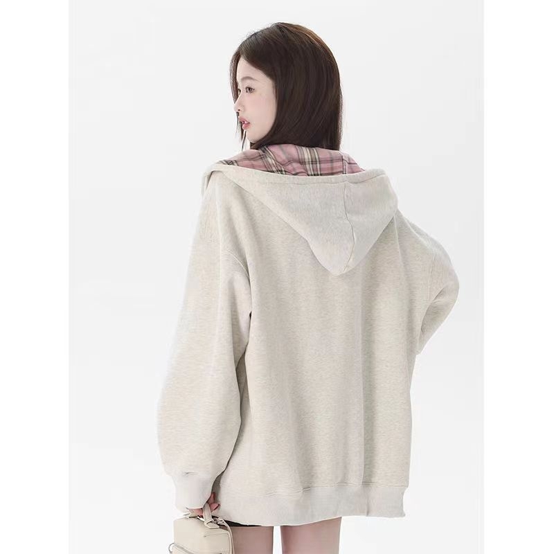 Patchwork hoodie s kariranim podstavom, mješavina pamuka i poliestera, debeli materijal, zatvarač, dugi rukavi
