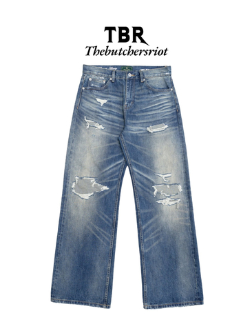 Meeste denimpüksid, sirge lõige, keskmine talje, tõmblukk, 65% puuvill, detailid rebenditega ja plaastritega