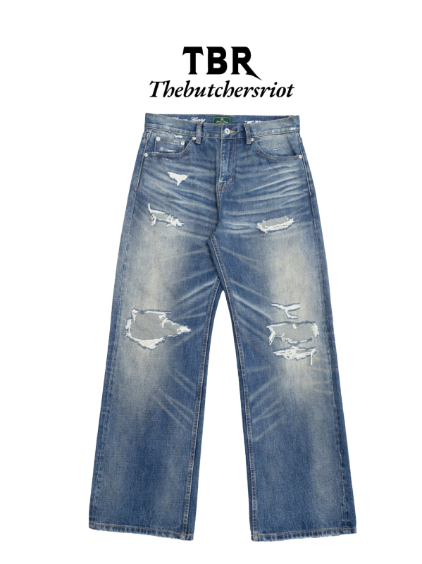 Meeste denimpüksid, sirge lõige, keskmine talje, tõmblukk, 65% puuvill, detailid rebenditega ja plaastritega