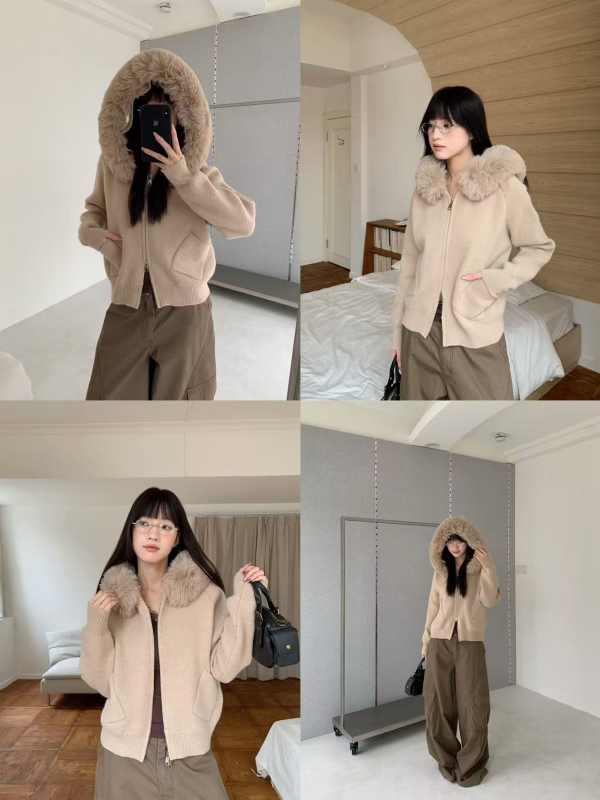 Cardigan femei cu glugă în stil coreean, fermoar, tricot din bumbac, mâneci lungi, croială regulată