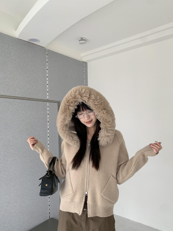 Cardigan femei cu glugă în stil coreean, fermoar, tricot din bumbac, mâneci lungi, croială regulată