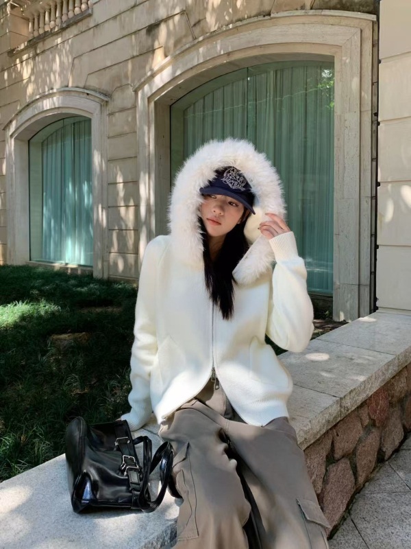 Cardigan femei cu glugă în stil coreean, fermoar, tricot din bumbac, mâneci lungi, croială regulată