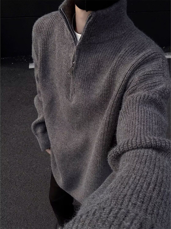 Pulover tricotat pentru bărbați cu guler înalt, croială lejeră, mâneci lungi, țesătură Deer plush, 90% poliester, păstrează căldura, Toamnă-Iarnă 2025