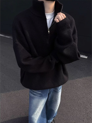 Pulover tricotat pentru bărbați cu guler înalt, croială lejeră, mâneci lungi, țesătură Deer plush, 90% poliester, păstrează căldura, Toamnă-Iarnă 2025