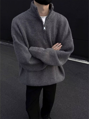 Pulover tricotat pentru bărbați cu guler înalt, croială lejeră, mâneci lungi, țesătură Deer plush, 90% poliester, păstrează căldura, Toamnă-Iarnă 2025
