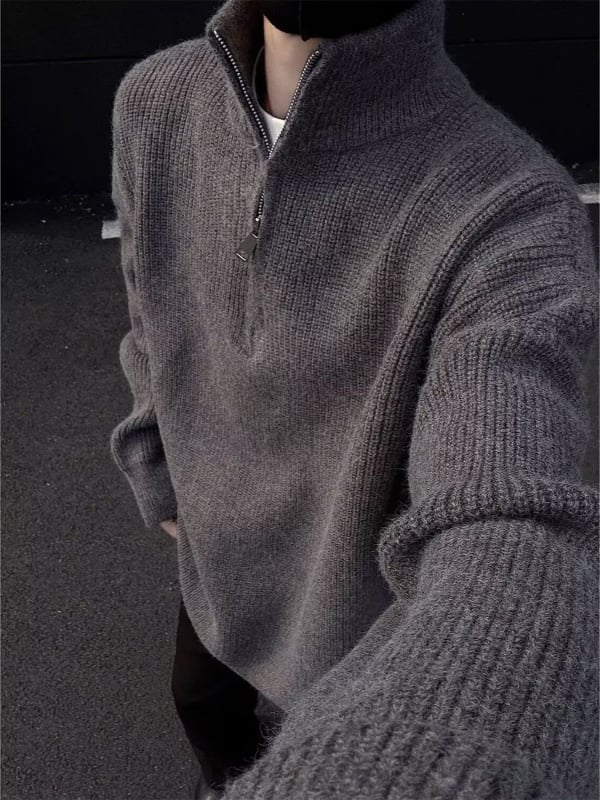 Pulover tricotat pentru bărbați cu guler înalt, croială lejeră, mâneci lungi, țesătură Deer plush, 90% poliester, păstrează căldura, Toamnă-Iarnă 2025