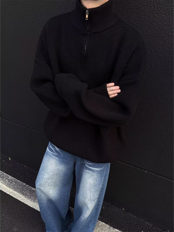 Pulover tricotat pentru bărbați cu guler înalt, croială lejeră, mâneci lungi, țesătură Deer plush, 90% poliester, păstrează căldura, Toamnă-Iarnă 2025