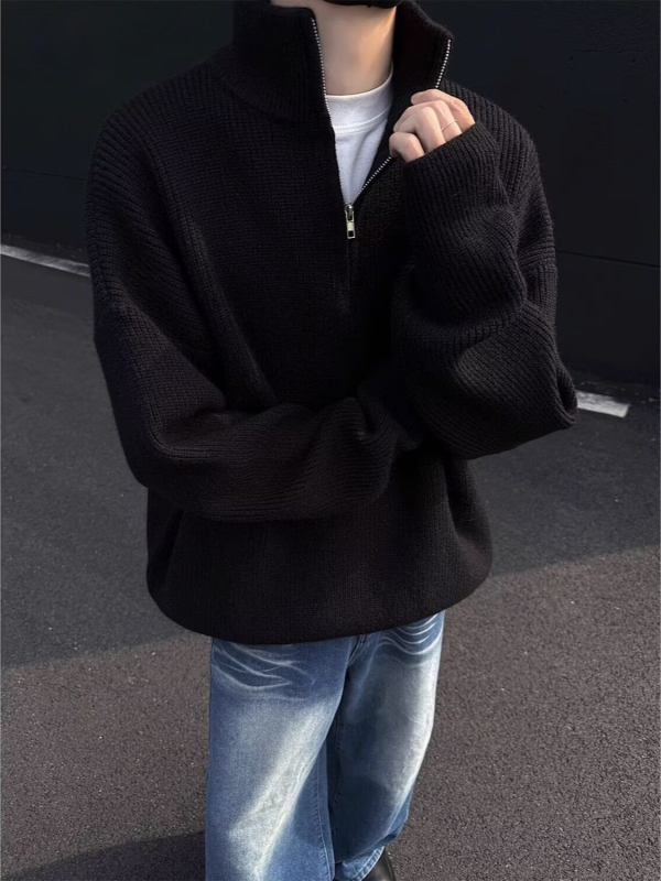 Pulover tricotat pentru bărbați cu guler înalt, croială lejeră, mâneci lungi, țesătură Deer plush, 90% poliester, păstrează căldura, Toamnă-Iarnă 2025