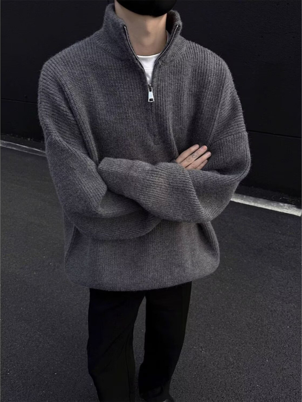 Pulover tricotat pentru bărbați cu guler înalt, croială lejeră, mâneci lungi, țesătură Deer plush, 90% poliester, păstrează căldura, Toamnă-Iarnă 2025