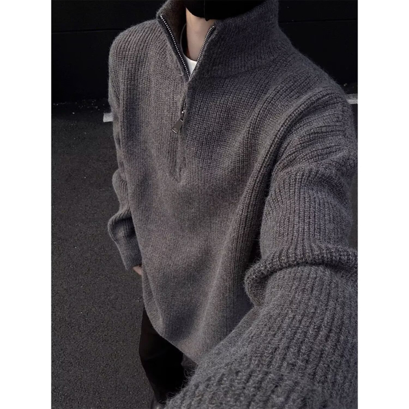 Pulover tricotat pentru bărbați cu guler înalt, croială lejeră, mâneci lungi, țesătură Deer plush, 90% poliester, păstrează căldura, Toamnă-Iarnă 2025