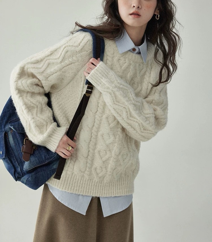 Beidao pulover stil japonez cu guler rotund, croi lejer, tricotat cu cablu, mâneci lungi, Iarna 2025