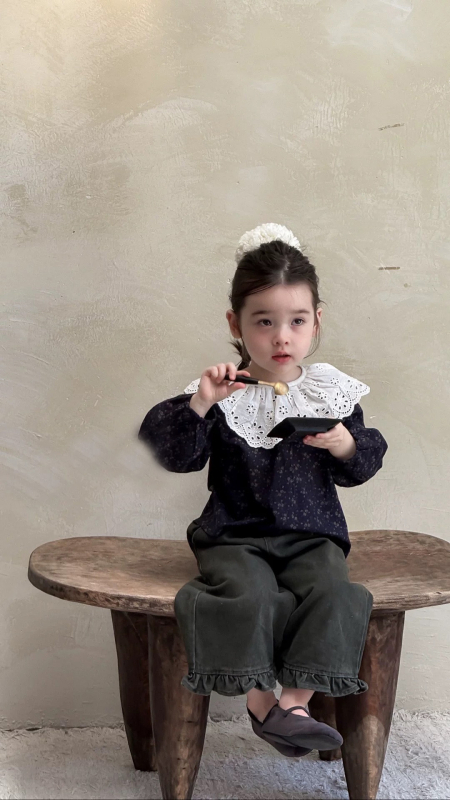 Cămașă pentru fetițe cu imprimeu floral, guler în formă de lotus, mâneci lungi, 90% bumbac, 3–8 ani, stil coreean