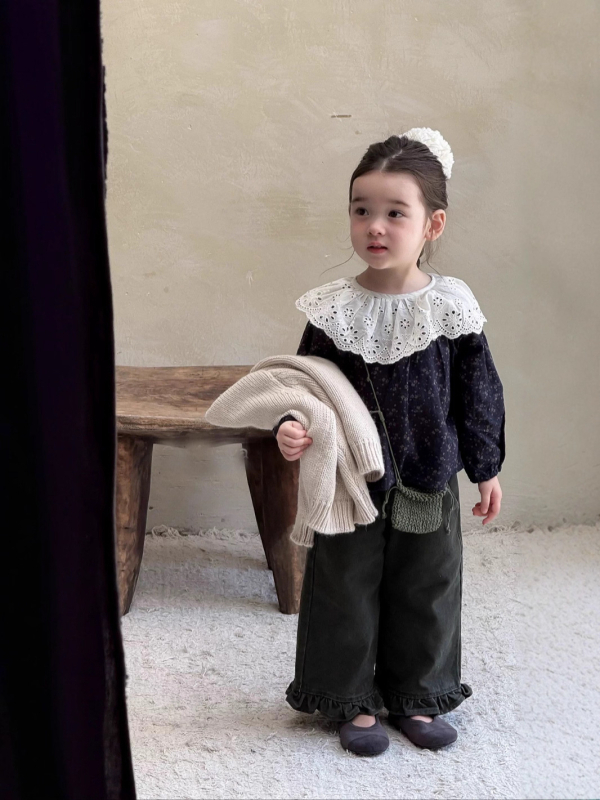 Cămașă pentru fetițe cu imprimeu floral, guler în formă de lotus, mâneci lungi, 90% bumbac, 3–8 ani, stil coreean