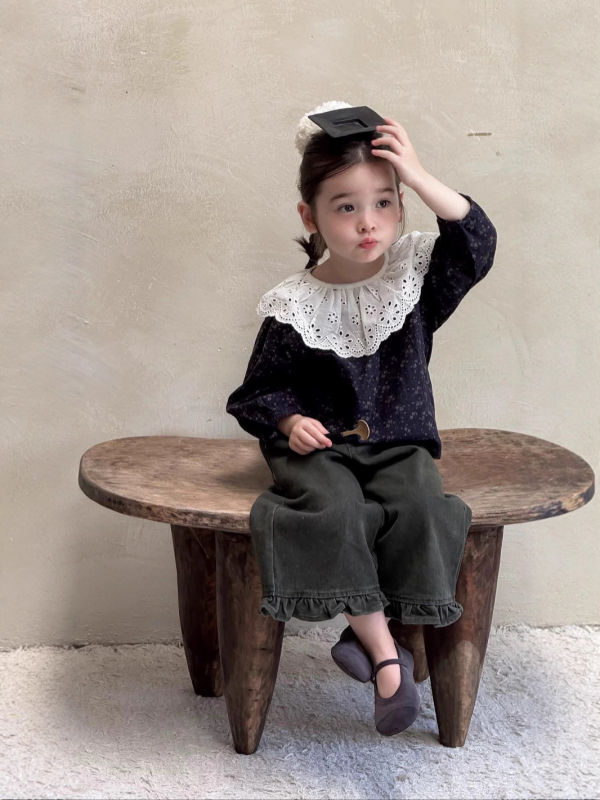 Cămașă pentru fetițe cu imprimeu floral, guler în formă de lotus, mâneci lungi, 90% bumbac, 3–8 ani, stil coreean