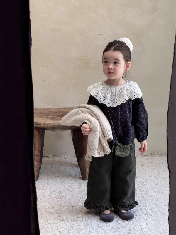 Cămașă pentru fetițe cu imprimeu floral, guler în formă de lotus, mâneci lungi, 90% bumbac, 3–8 ani, stil coreean