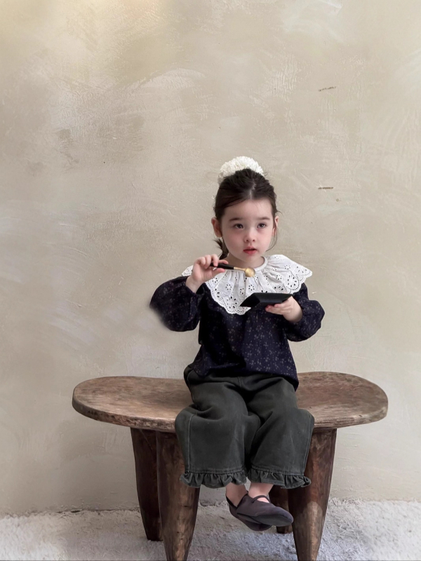 Cămașă pentru fetițe cu imprimeu floral, guler în formă de lotus, mâneci lungi, 90% bumbac, 3–8 ani, stil coreean