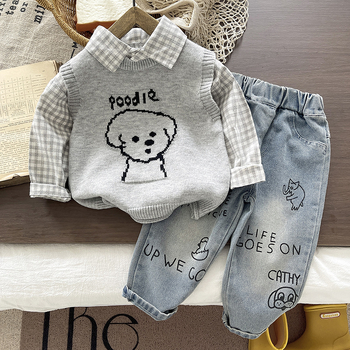 Unisex dječji trodjelni set: hlače, majica s dugim rukavima i džemper, denim materijal 85% pamuka, motiv karikatura i slova, za uzrast 3–8 godina, jesen