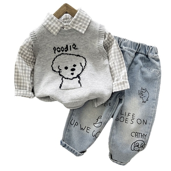 Unisex dječji trodjelni set: hlače, majica s dugim rukavima i džemper, denim materijal 85% pamuka, motiv karikatura i slova, za uzrast 3–8 godina, jesen