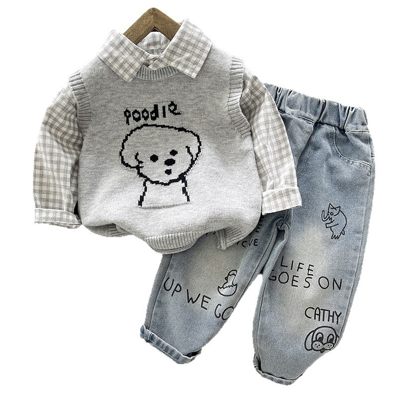 Unisex dječji trodjelni set: hlače, majica s dugim rukavima i džemper, denim materijal 85% pamuka, motiv karikatura i slova, za uzrast 3–8 godina, jesen