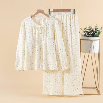 Naiste pidžaama pitsiga, armas ja sõbralik stiil, 100% puuvill, ümmargune kaelus, pikad varrukad, püksid