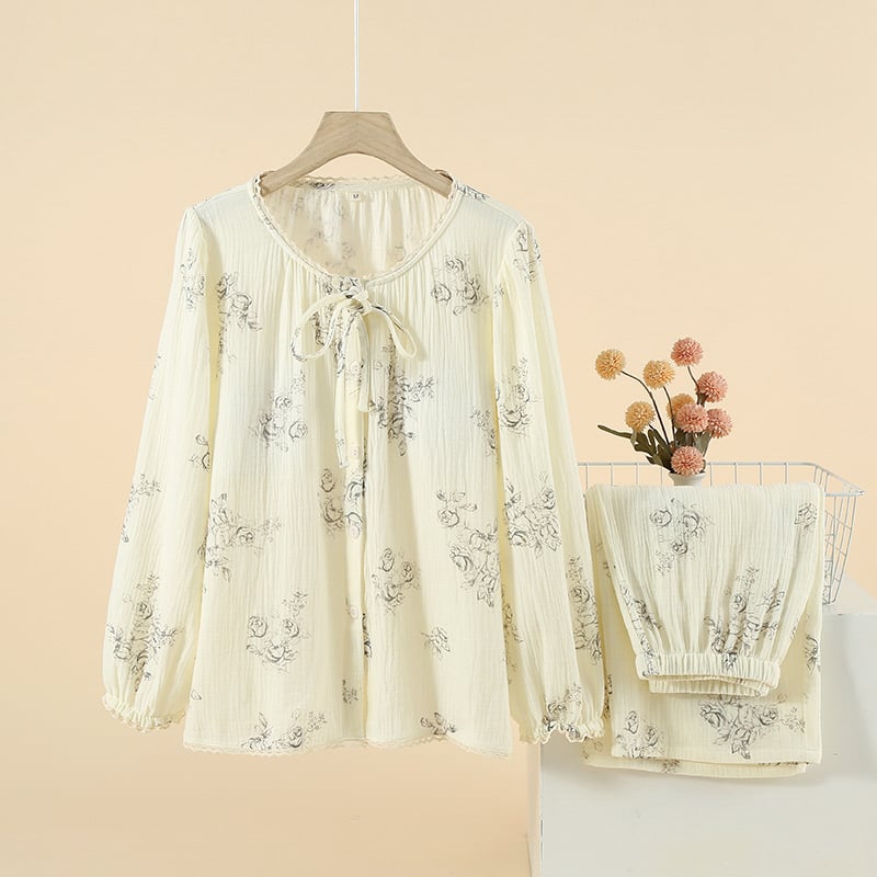 Naiste pidžaama pitsiga, armas ja sõbralik stiil, 100% puuvill, ümmargune kaelus, pikad varrukad, püksid