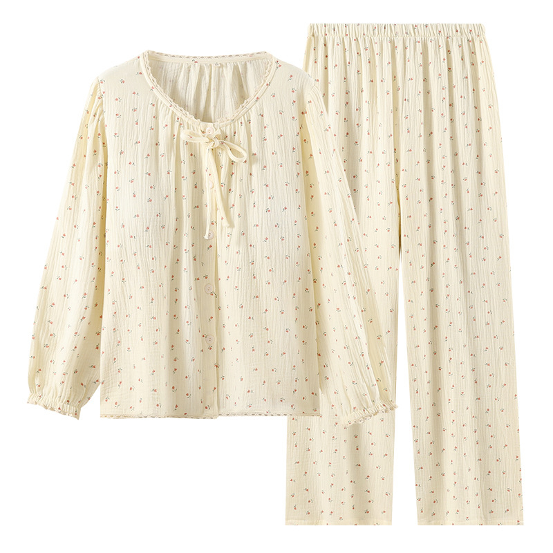 Naiste pidžaama pitsiga, armas ja sõbralik stiil, 100% puuvill, ümmargune kaelus, pikad varrukad, püksid