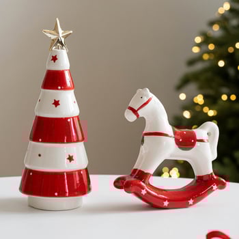 Kerámiából készült karácsonyi gyertyatartó fából készült lovacskával — BJ124, Huiyin, Anyag: kerámia, Stílus: Karácsony