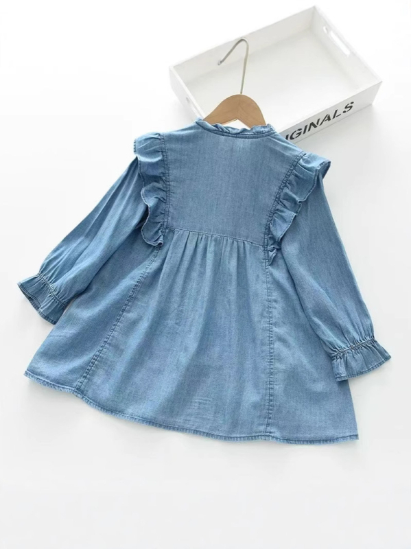 Meitenēm korejas stilā džinsa kleita ar garām piedurknēm, A līnijas siluets, 70–80% kokvilna, vecums 3–8 gadi, rudens 2025