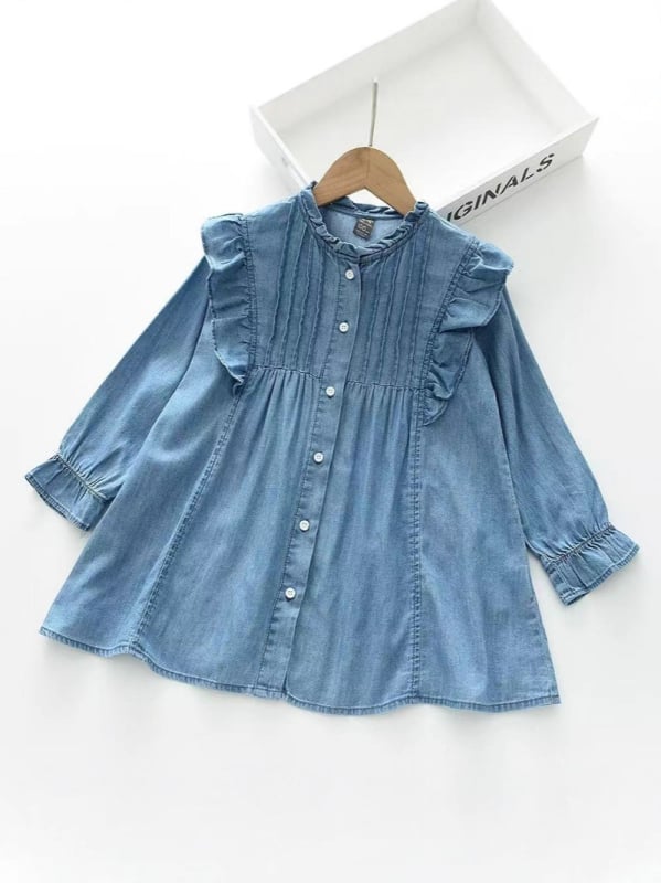 Meitenēm korejas stilā džinsa kleita ar garām piedurknēm, A līnijas siluets, 70–80% kokvilna, vecums 3–8 gadi, rudens 2025