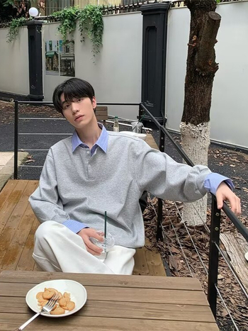 Vīriešu džemperis ar imitētu kreklu apkakli, divdaļīga ilūzija, brīvs piegriezums, garas piedurknes, poliesters