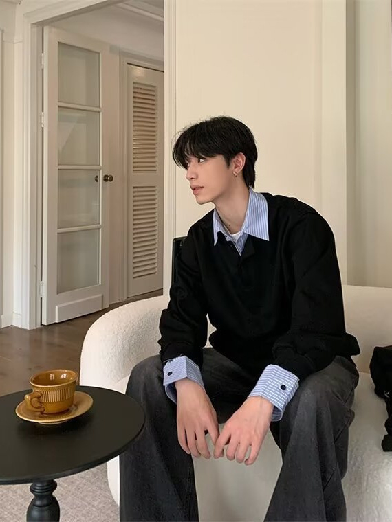 Vīriešu džemperis ar imitētu kreklu apkakli, divdaļīga ilūzija, brīvs piegriezums, garas piedurknes, poliesters