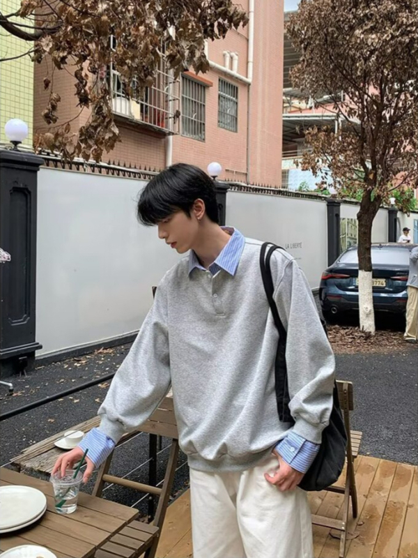 Vīriešu džemperis ar imitētu kreklu apkakli, divdaļīga ilūzija, brīvs piegriezums, garas piedurknes, poliesters