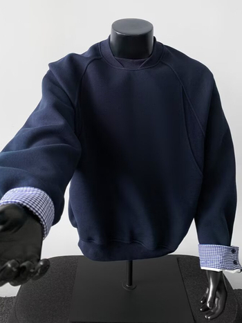 Deokonstruēts patchwork džemperis, kokvilnas maisījums 51–70%, raglanu piedurknes, bez apkakles, apaļš kakla izgriezums, puloveris, brīvs siluets