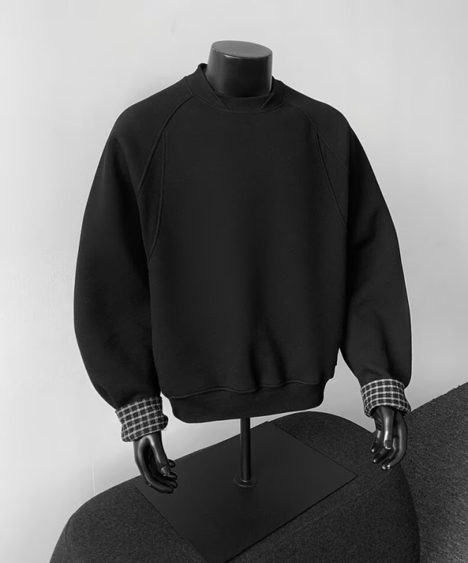 Deokonstruēts patchwork džemperis, kokvilnas maisījums 51–70%, raglanu piedurknes, bez apkakles, apaļš kakla izgriezums, puloveris, brīvs siluets