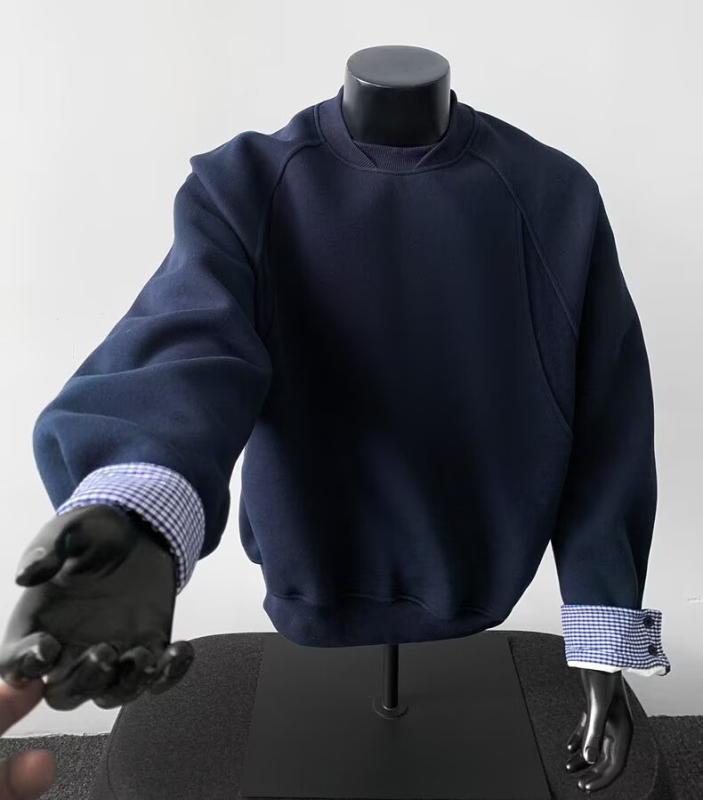 Deokonstruēts patchwork džemperis, kokvilnas maisījums 51–70%, raglanu piedurknes, bez apkakles, apaļš kakla izgriezums, puloveris, brīvs siluets