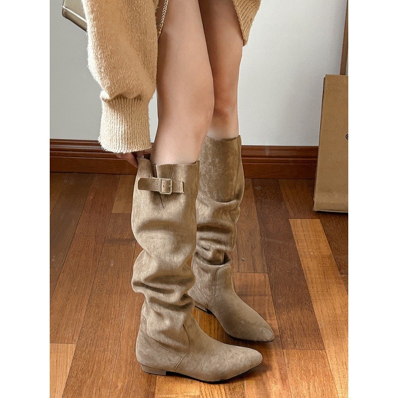 Cizme cavaler pentru femei - velur, tibie inalta, varf ascuit, toc gros, inaltimea tocului 3-5 cm