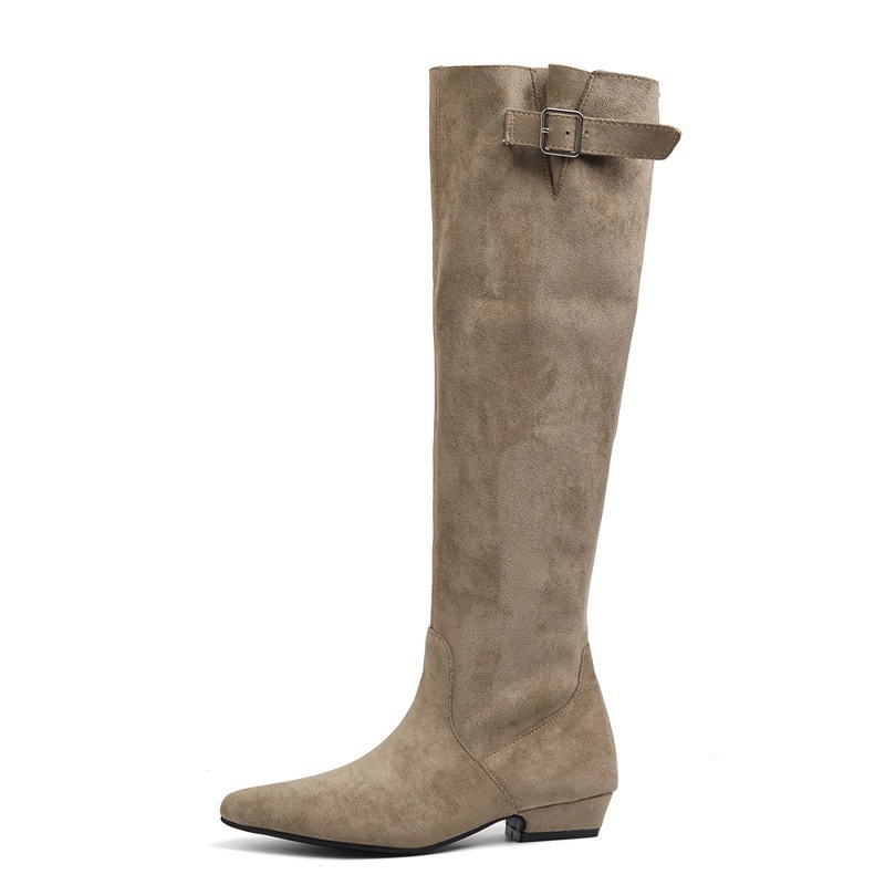 Cizme cavaler pentru femei - velur, tibie inalta, varf ascuit, toc gros, inaltimea tocului 3-5 cm